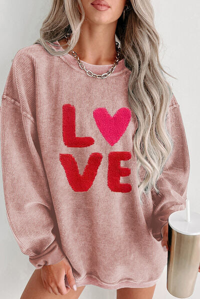 LOVE Round Neck Dropped Shoulder Sweatshirt – Cute & Plush