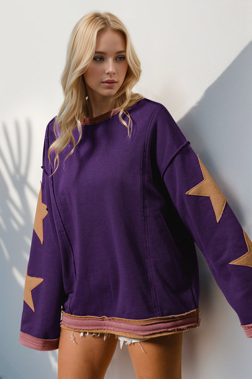 Cute Double Take Star Patched Long Sleeve Sweatshirt