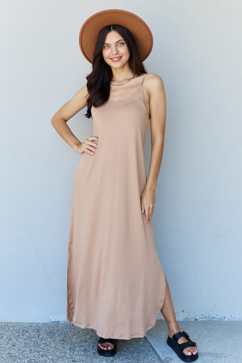 Cute Ninexis Good Energy Full Size Cami Side Slit Maxi Dress in Camel