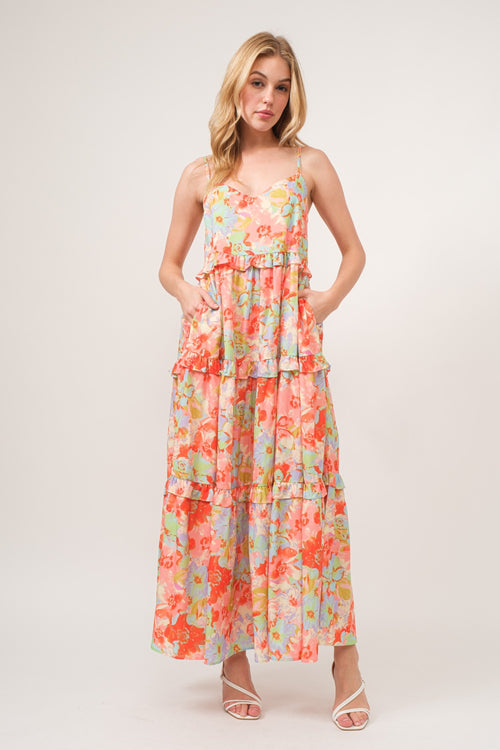 Cute And The Why Floral Ruffled Tiered Maxi Adjustable Strap Cami Dress