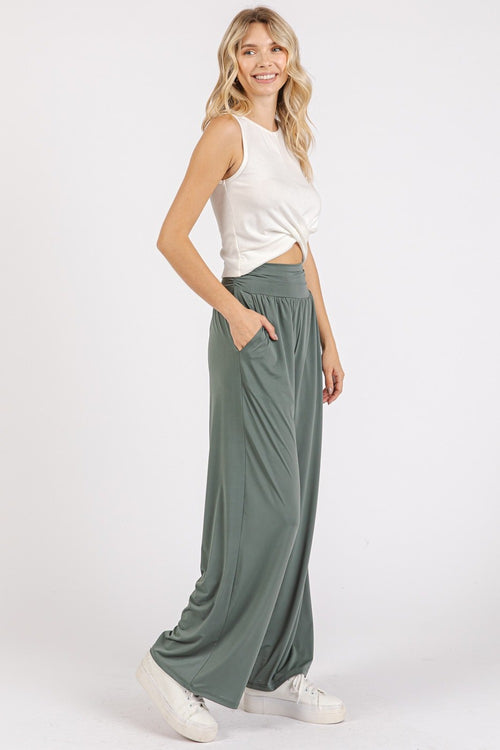 Cute Mittoshop Stretch Banded Waist Wide Leg Pants with Pockets