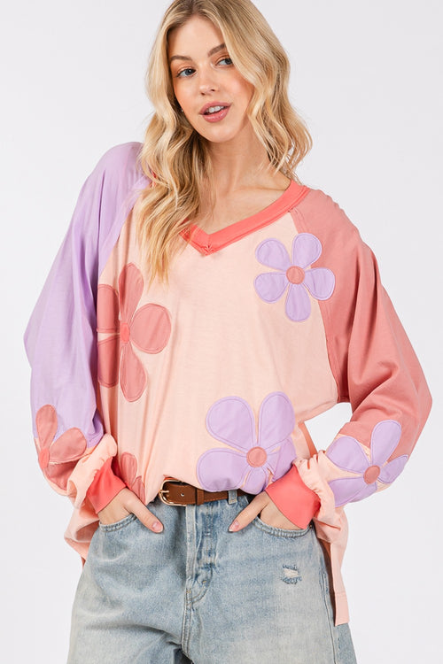 Cute SAGE + FIG Full Size Daisy Applique Patch Color Block Long Sleeve Top