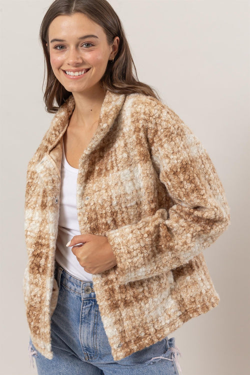 Cute HYFVE Plaid Collared Neck Boucle Jacket with Pockets