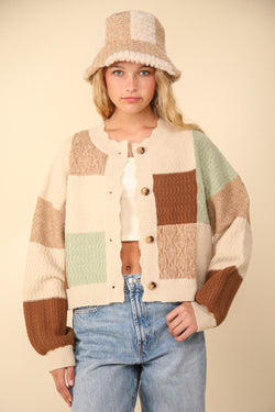 Cute VERY J Color Block Button Down Textured Sweater Cardigan