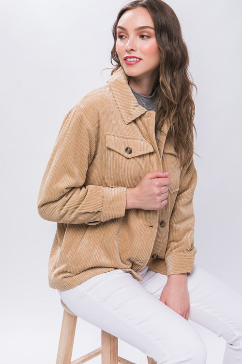 Cute Love Tree Corduroy Button Up Jacket with Sherpa Inside