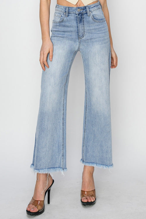 Cute RISEN High Rise Crop Wide Fray Hem Jeans