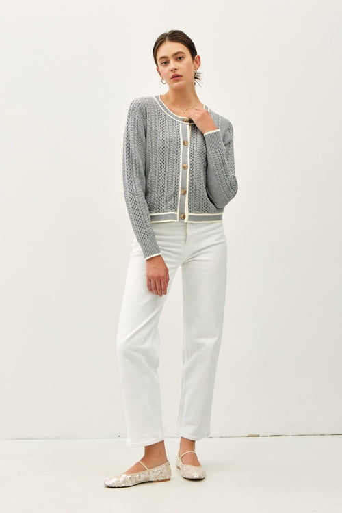 Cute Be Cool Cable Knit Long Sleeve Contrast Edge Cardigan