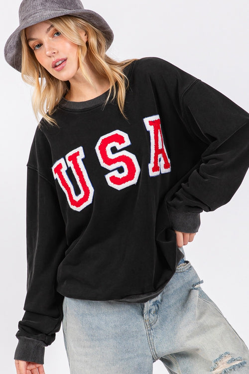 Cute Sage + Fig USA Letter Patch Round Neck Sweatshirt