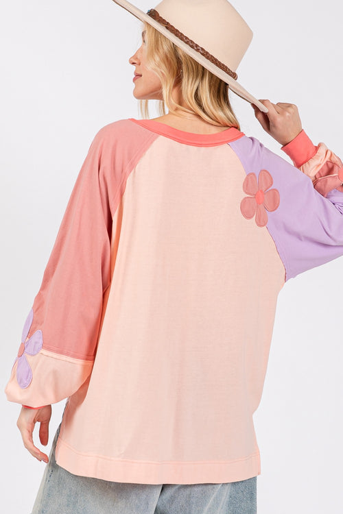 Cute SAGE + FIG Full Size Daisy Applique Patch Color Block Long Sleeve Top