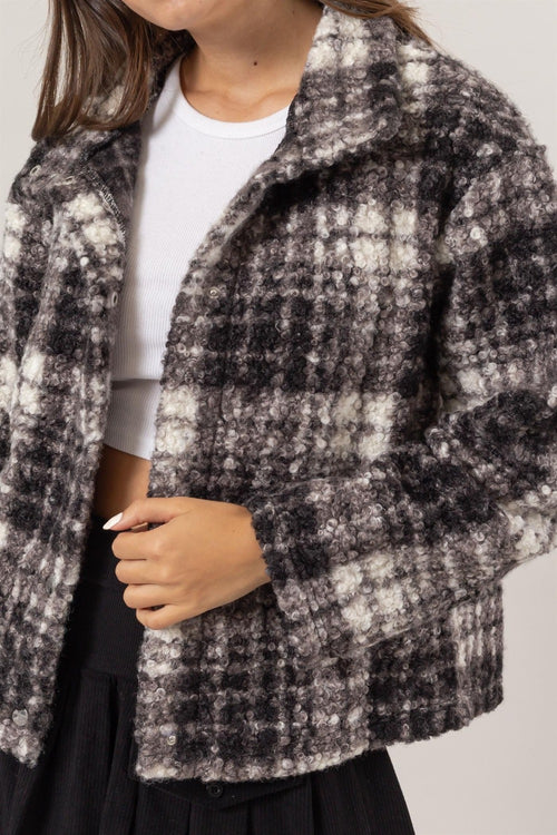 Cute HYFVE Plaid Collared Neck Boucle Jacket with Pockets