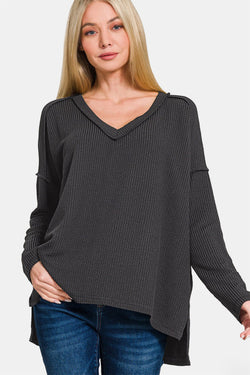 Cute Zenana Texture Exposed Seam V-Neck Long Sleeve T-Shirt