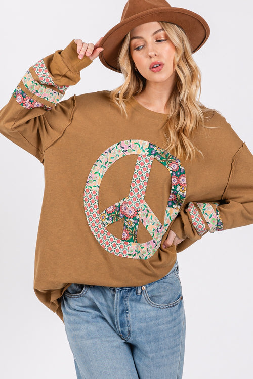 Cute SAGE + FIG Peace Applique Patch Long Sleeve Top