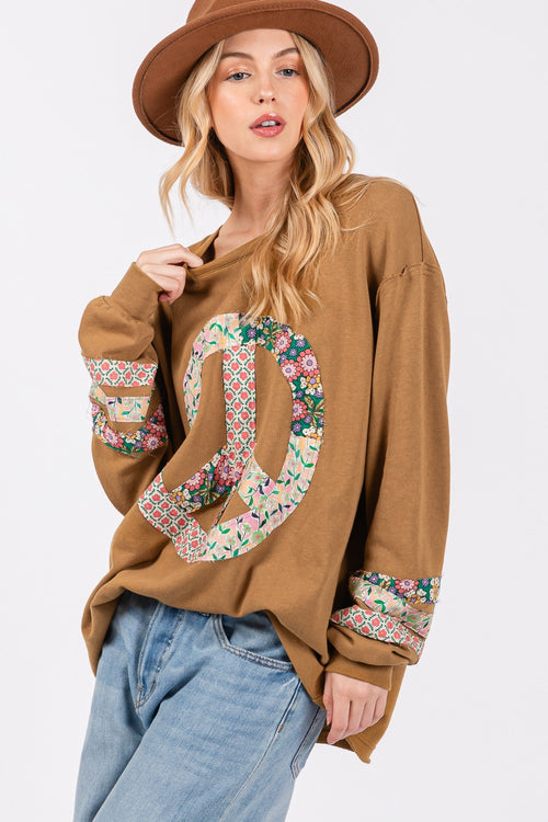 Cute SAGE + FIG Peace Applique Patch Long Sleeve Top