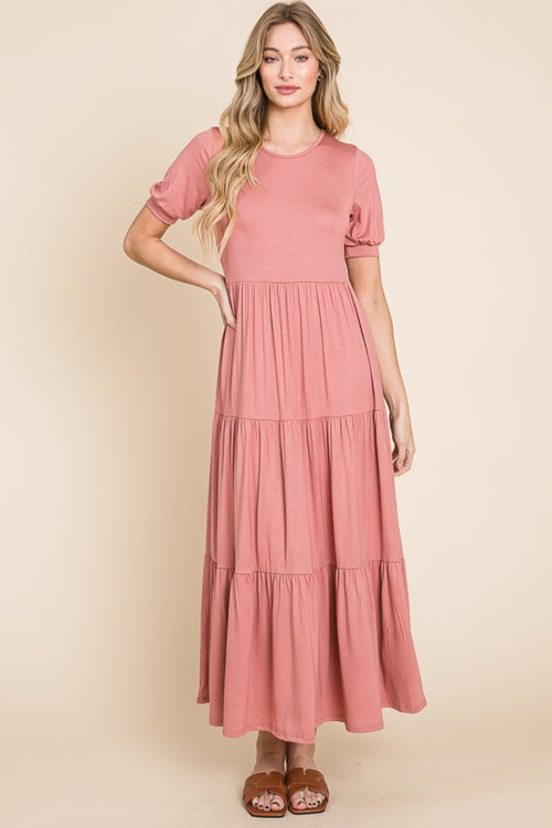 Cute BOMBOM Short Sleeve Tiered Maxi Dress