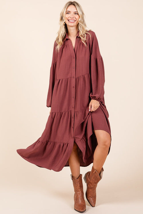 Cute Mittoshop Tiered Button Down Long Sleeve Midi Dress