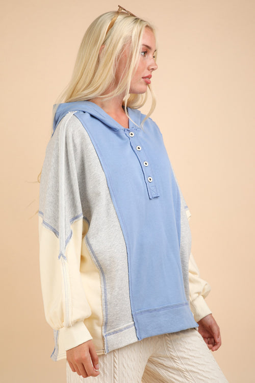 Cute VERY J Exposed Seam Color Block Half Button Hoodie