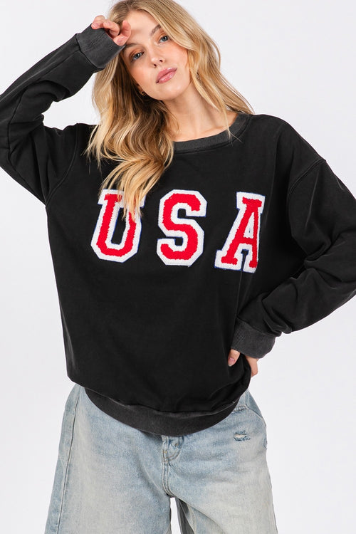 Cute Sage + Fig USA Letter Patch Round Neck Sweatshirt