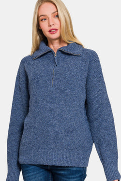 Cute Zenana Half Zip Long Sleeve Sweater