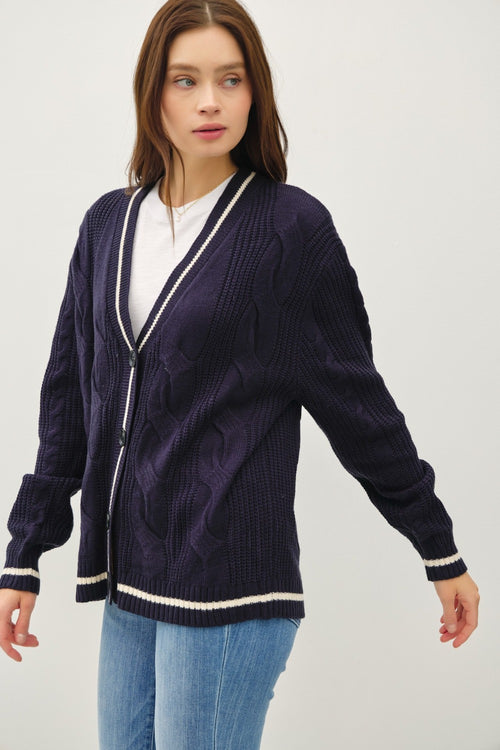 Cute Be Cool Contrast Trim Cable-Knit V-Neck Cardigan