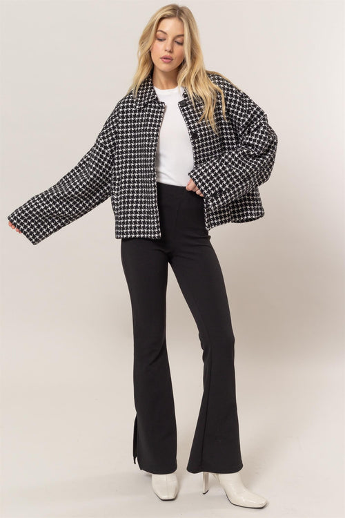 Cute HYFVE Tweed Plaid Button Up Collared Neck Jacket