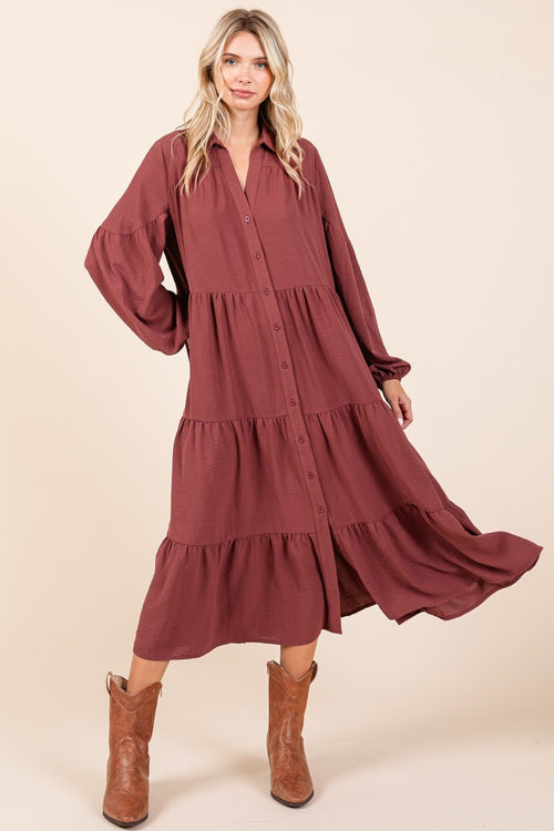 Cute Mittoshop Tiered Button Down Long Sleeve Midi Dress