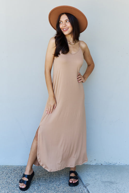 Cute Ninexis Good Energy Full Size Cami Side Slit Maxi Dress in Camel