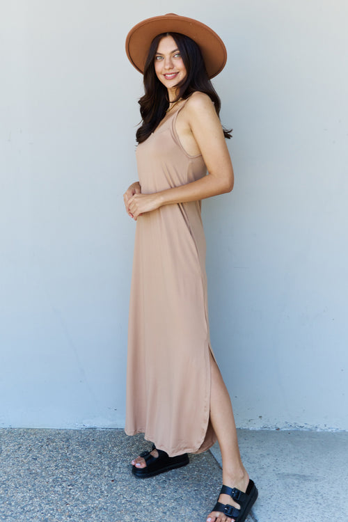 Cute Ninexis Good Energy Full Size Cami Side Slit Maxi Dress in Camel