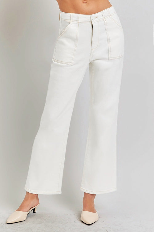 Cute RISEN High Rise Ankle Flare Jeans with Patch Pockets