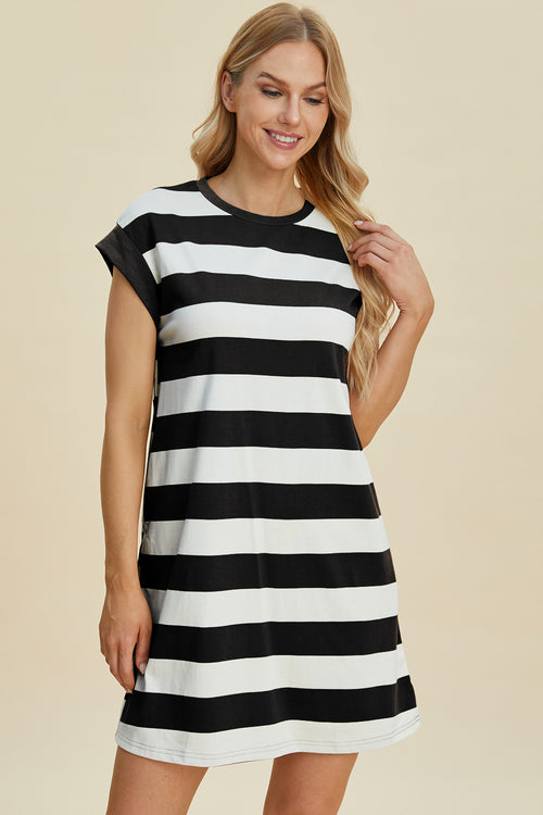 Cute Basic Bae Full Size Striped Round Neck Cap Sleeve Mini Dress