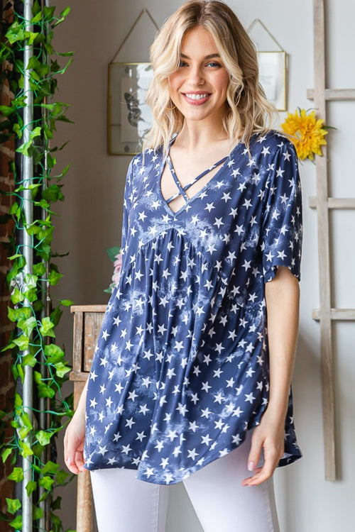 Cute Heimish Full Size Short Sleeve Crisscross Star Babydoll Top4