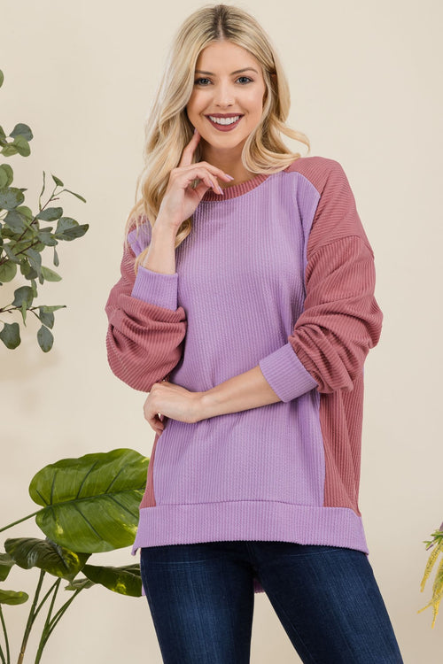 Celeste Full Size High-Low Contrast Round Neck Sweatshirt