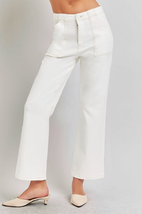 Cute RISEN High Rise Ankle Flare Jeans with Patch Pockets