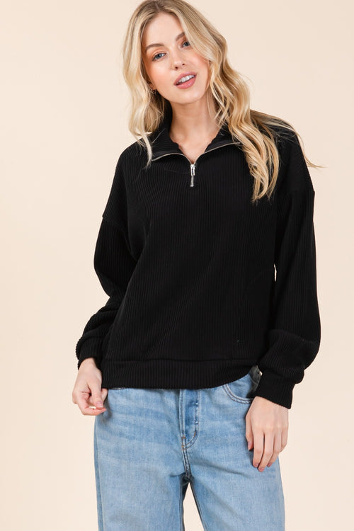 Cute BOMBOM Quarter Zip Long Sleeve Sweatshirt with Pockets