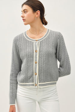 Cute Be Cool Cable Knit Long Sleeve Contrast Edge Cardigan