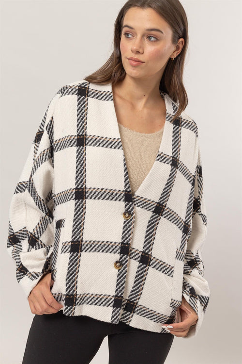 Cute HYFVE Plaid Long Sleeve Jacket with Side Slit Pockets