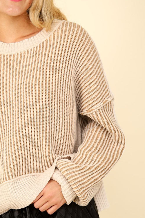 Cute VERY J Exposed Seam Cropped Striped Slit Sweater