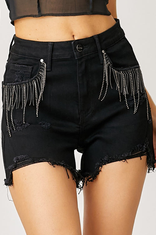 Cute RISEN Frayed Hem Denim Shorts with Fringe Detail Pockets