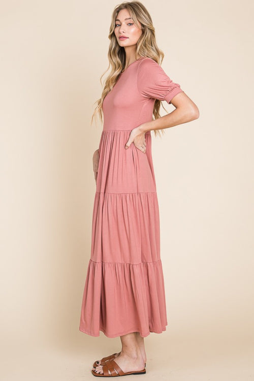 Cute BOMBOM Short Sleeve Tiered Maxi Dress