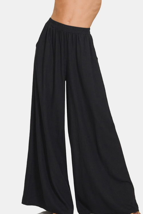 Cute Zenana Pleated Linen Blend Wide Leg Pants