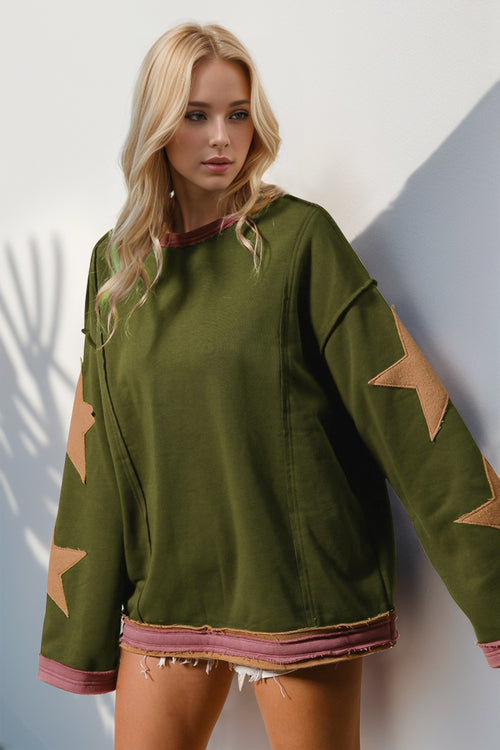 Cute Double Take Star Patched Long Sleeve Sweatshirt