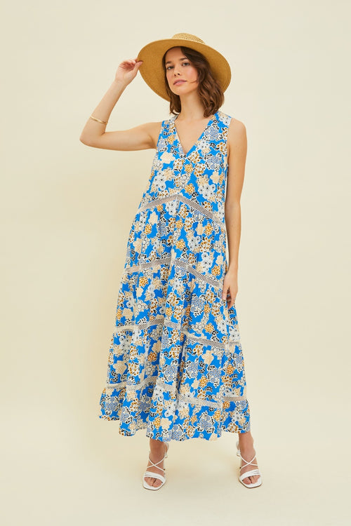 Cute HEYSON Full Size Printed Crochet Trim Maxi Dress