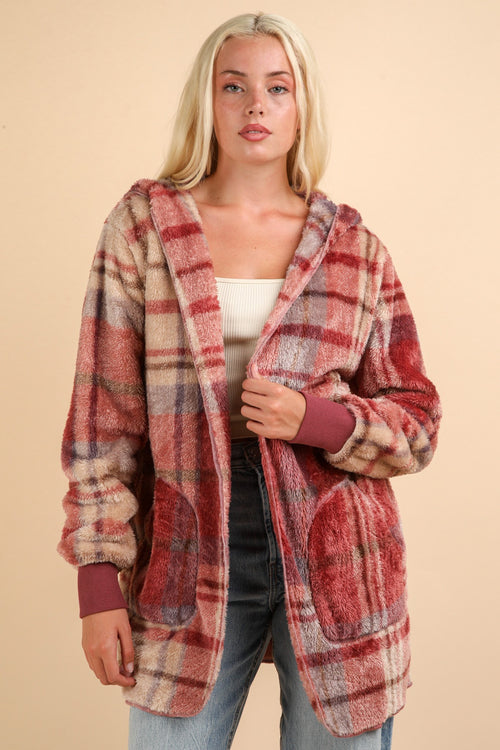 Cute VERY J Fuzzy Plaid Long Sleeve Hooded Jacket