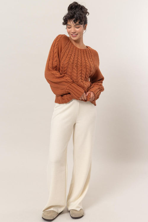 Cute HYFVE Cable-Knit Round Neck Raglan Sleeve Sweater