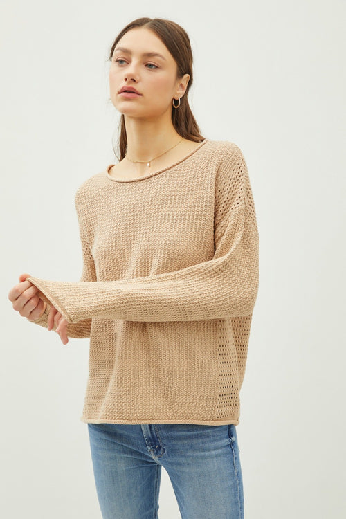 Cute Be Cool Rolled Openwork Round Neck Sweater