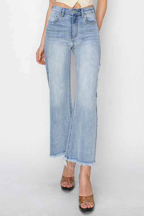 Cute RISEN High Rise Crop Wide Fray Hem Jeans