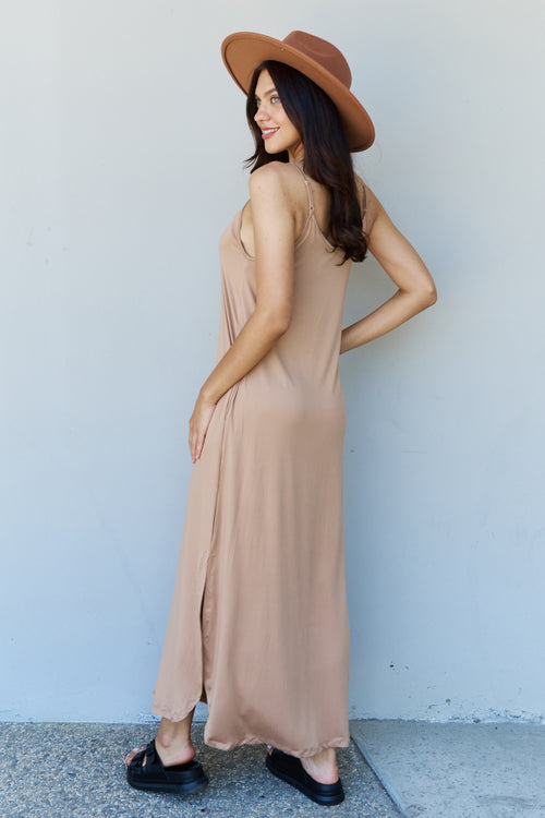 Cute Ninexis Good Energy Full Size Cami Side Slit Maxi Dress in Camel