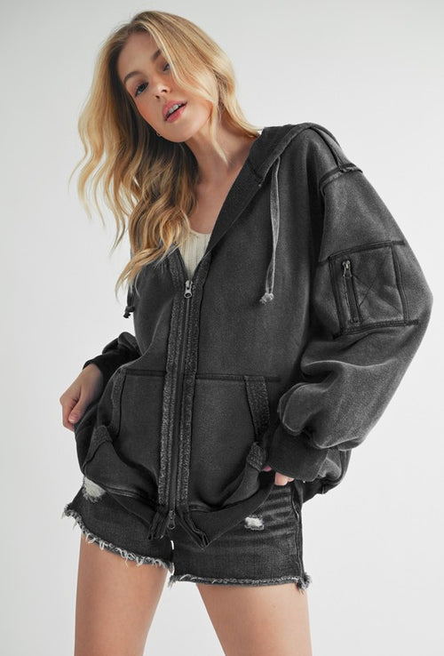 Aemi+Co Exposed Seam Zip Up Drawstring Hooded Jacket