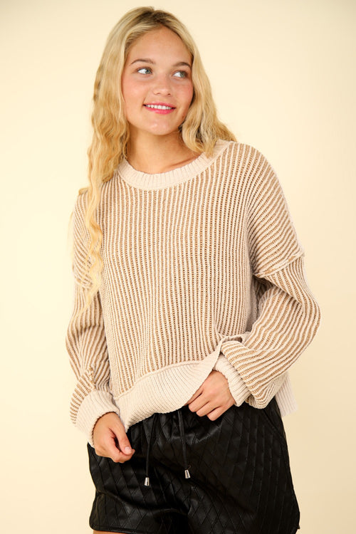 Cute VERY J Exposed Seam Cropped Striped Slit Sweater