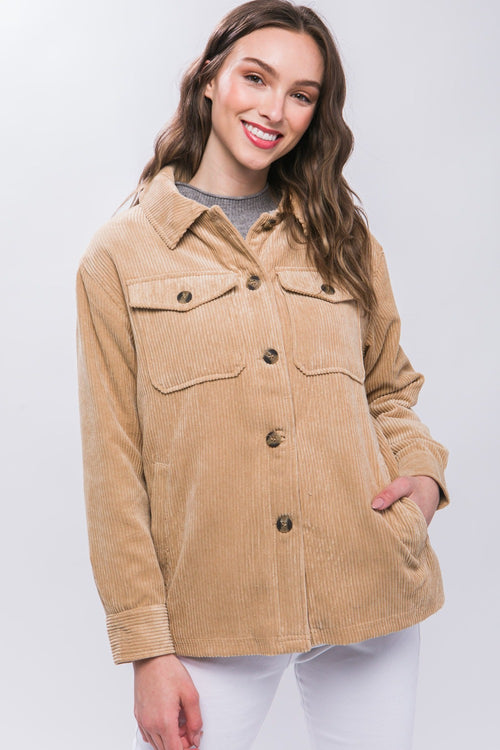 Cute Love Tree Corduroy Button Up Jacket with Sherpa Inside