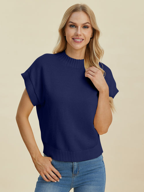 Cute Double Take Full Size Mock Neck Short Sleeve Sweater